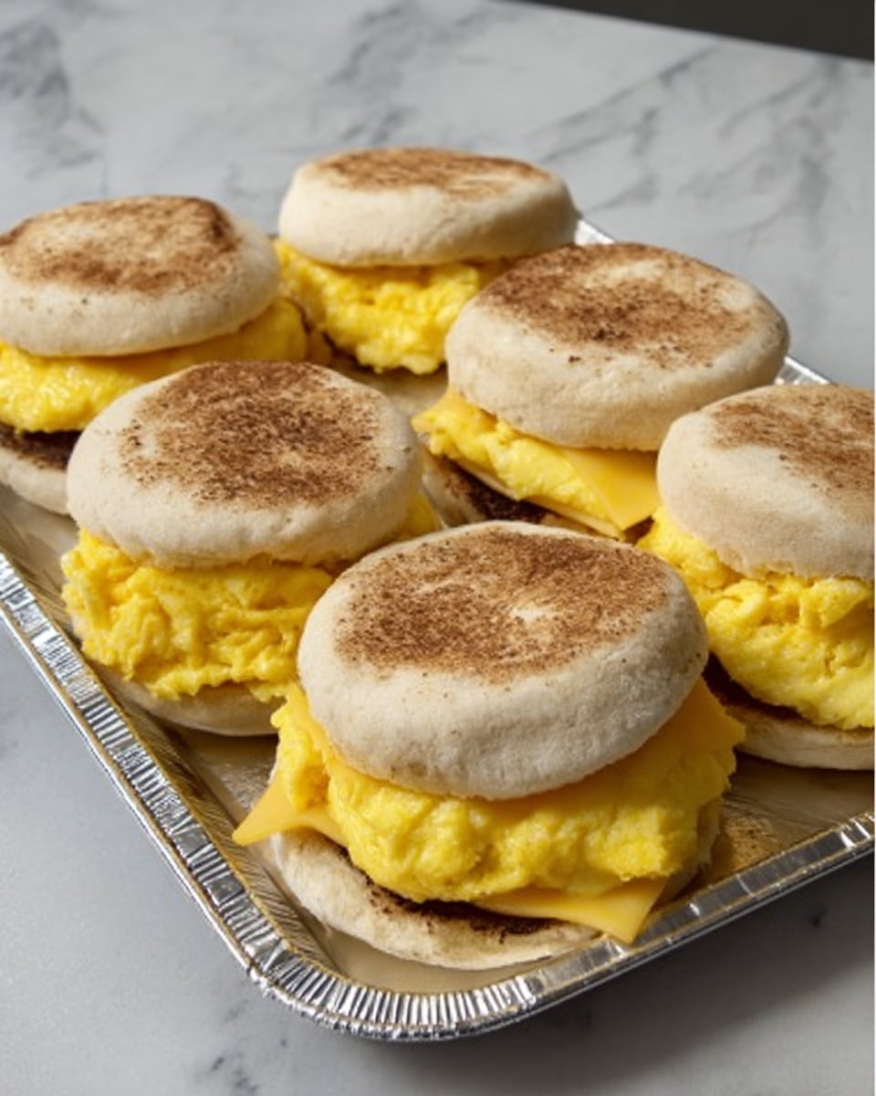 The image shows six breakfast sandwiches arranged in two rows on a silver tray. Each sandwich has three layers: the top and bottom are light brown toasted English muffins with a soft texture, the middle layer includes a bright yellow fluffy scrambled egg, and beneath the egg is a slice of pale yellow cheese peeking out slightly. The tray sits on a white marbled surface. photo taken with an iphone --ar 4:5 --v 7