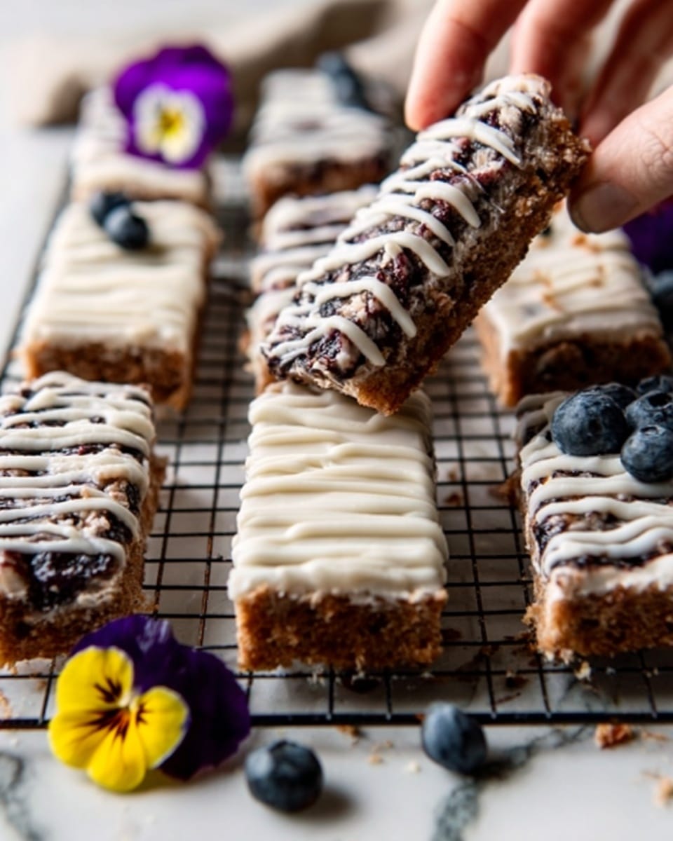 A group of rectangular bars laid out on a wire cooling rack over a white marbled surface. Each bar has a light brown base with a rough texture and is covered with a smooth layer of white icing. Some bars have thin white icing drizzles creating patterns on top. One bar is tilted, showing a thick layer of icing and a crumbly, chocolatey, and nut-speckled texture underneath. There are fresh blueberries scattered on and near the bars. A purple and yellow flower is placed near the edge, adding a pop of color. A woman's hand softly holds one bar, ready to lift it. Photo taken with an iphone --ar 4:5 --v 7