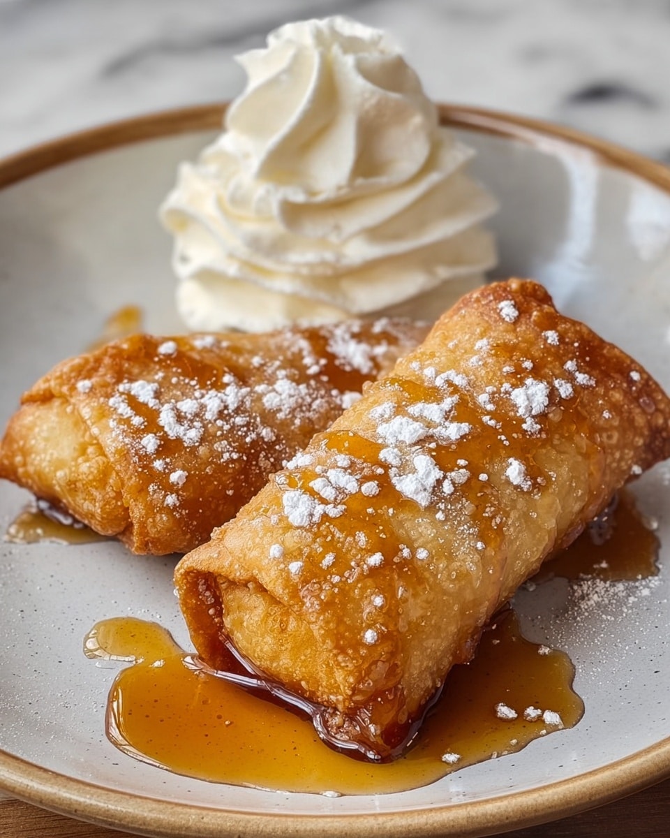 Two golden brown fried rolls lie on a white plate with a light rim. The rolls have a crispy texture with some small bubbles on the surface. They are drizzled with amber syrup that pools on the plate, and a small pile of white powdered sugar is sprinkled on and around the rolls. To the left of the rolls, there is a swirl of white whipped cream with soft, smooth folds. The plate sits on a white marbled surface. photo taken with an iphone --ar 4:5 --v 7