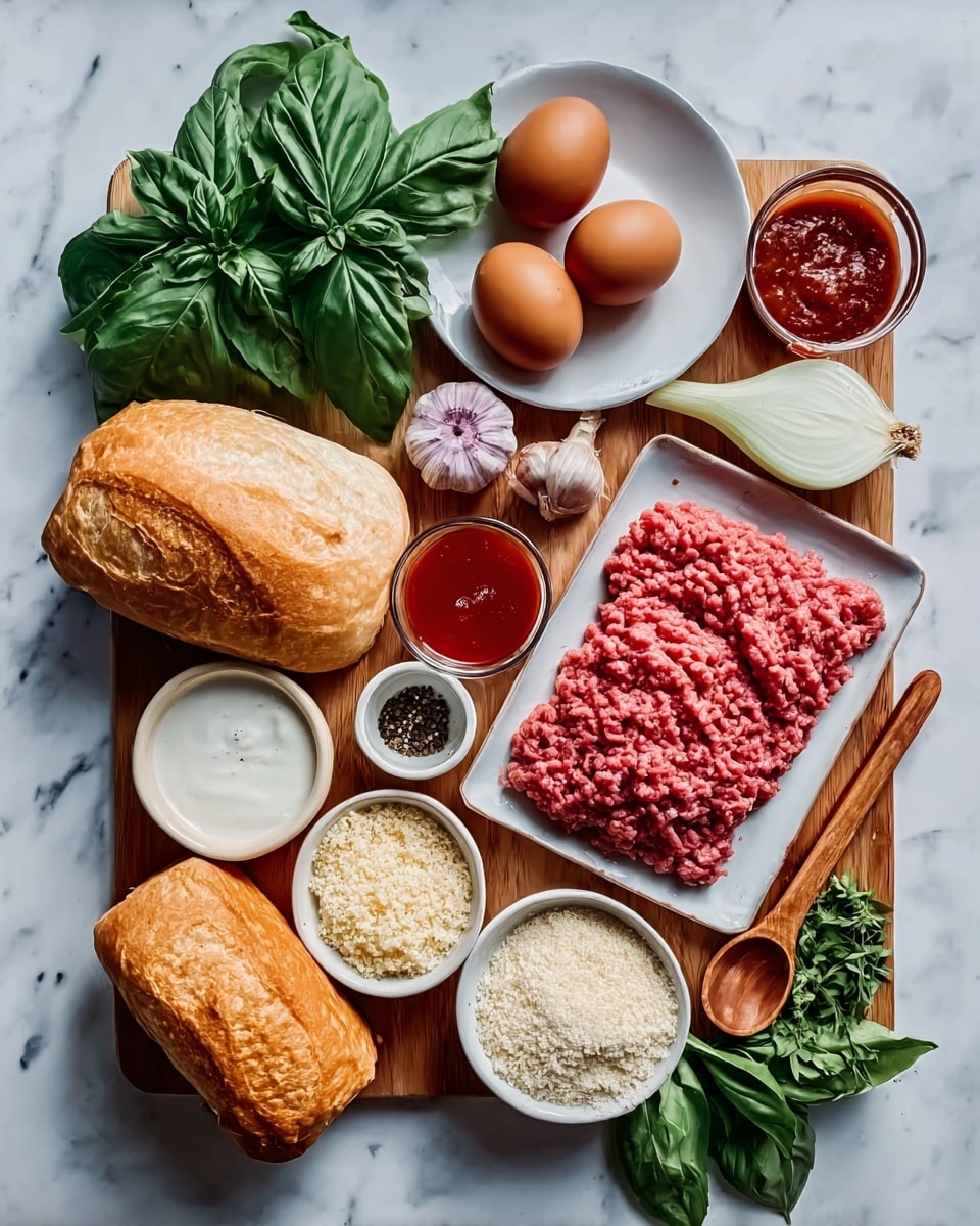 The image shows a wooden board on a white marbled surface with different ingredients arranged neatly. On the left side, there are two loaves of light brown bread in front of fresh green basil leaves. Above the basil is a white plate holding two raw brown eggs and near it is a bulb of garlic with purple skin. To the right, a white rectangular plate holds finely ground raw red meat, and near it are two small white bowls—one with red sauce and another with white liquid. Below these is a small bowl of light beige breadcrumbs and a wooden spoon with ground black pepper. At the top right corner, some light green fresh herbs and a peeled white onion rest on the board. The textures vary between smooth bread, leafy basil, minced meat, and granular breadcrumbs. The overall setup is bright and clear, arranged on a white marbled surface. photo taken with an iphone --ar 4:5 --v 7