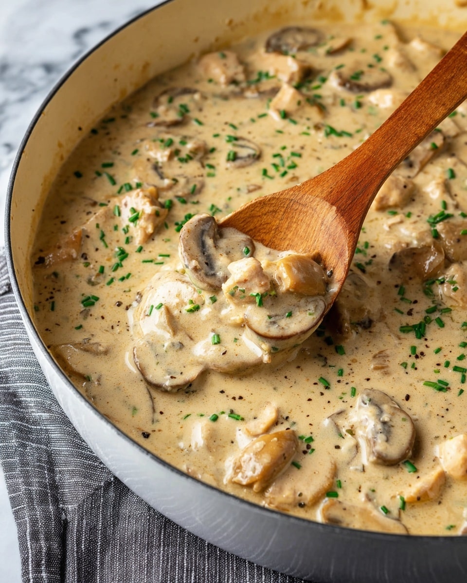 The image shows a close-up of a creamy dish in a large white pan, filled with a thick beige sauce with small bits of herbs and black pepper. Large slices of light brown mushrooms and small pieces of light tan meat are mixed throughout the sauce. Bright green chopped chives are scattered across the dish, adding color contrast. A wooden spoon is scooping up some of the mixture near the center, showing the creamy texture and chunks clearly. The pan sits on a gray and white striped cloth on a white marbled surface. photo taken with an iphone --ar 4:5 --v 7