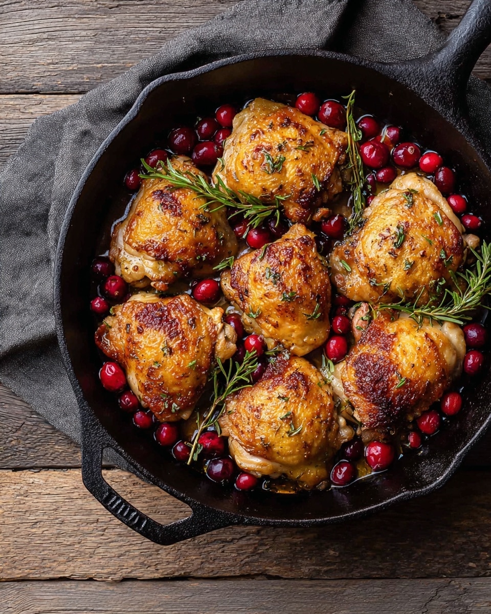 A black cast iron skillet filled with six pieces of golden-brown roasted chicken thighs arranged in two rows, with sprigs of green rosemary and thyme placed between and on top of the chicken. Bright red cooked cranberries are scattered around the chicken pieces, adding vibrant contrast. The skillet sits on a rough wooden surface, partially covered by a dark gray cloth on the left side. The chicken skin looks crispy with a slightly shiny texture, and the cranberries add a juicy, glossy look. photo taken with an iphone --ar 4:5 --v 7