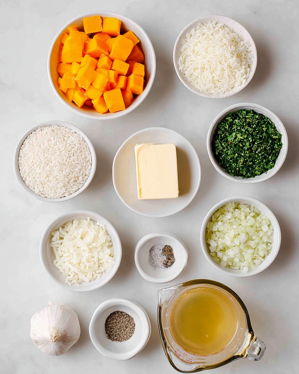 The image shows nine small white bowls and one clear glass measuring cup arranged neatly on a white marbled surface. The bowls contain different ingredients: one with white grains of rice, one with bright orange cubed butternut squash, one with a block of pale yellow butter, one with chopped green herbs, one with chopped white onions, one with grated white cheese, one with coarse salt, one with ground black pepper, and one with olive oil. There is also a whole bulb of garlic placed on the surface next to the bowls. The clear measuring cup holds a light golden broth. All items are spaced evenly in a clean, top-down view photo taken with an iphone --ar 4:5 --v 7