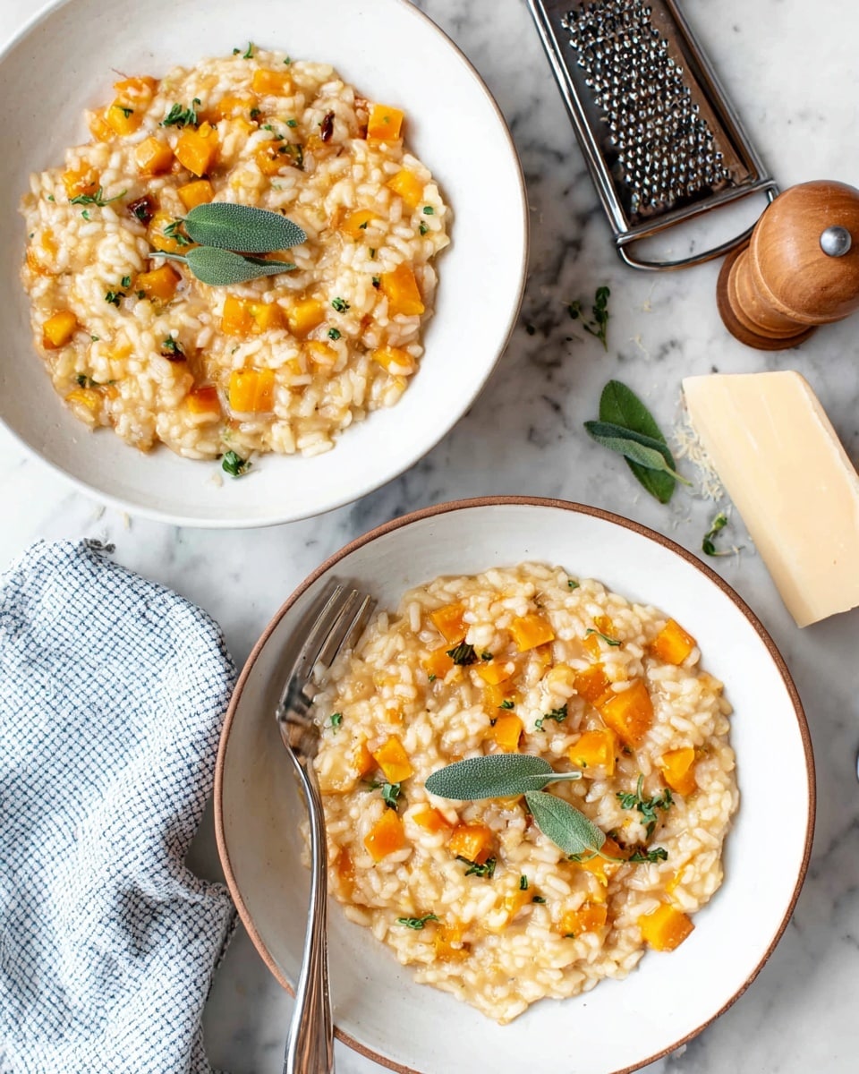 Two white bowls of creamy risotto with visible soft, plump rice grains mixed with small bright orange cubes of butternut squash, topped with a few fresh sage leaves and small bits of chopped green herbs scattered on top and around the risotto. Each bowl has a silver fork resting inside the risotto. The bowls are placed on a white marbled surface, with a light blue and white checkered cloth near the bottom left. To the right of the top bowl, there is a wooden pepper grinder and a metal grater holding a small block of light yellow cheese. Photo taken with an iphone --ar 4:5 --v 7