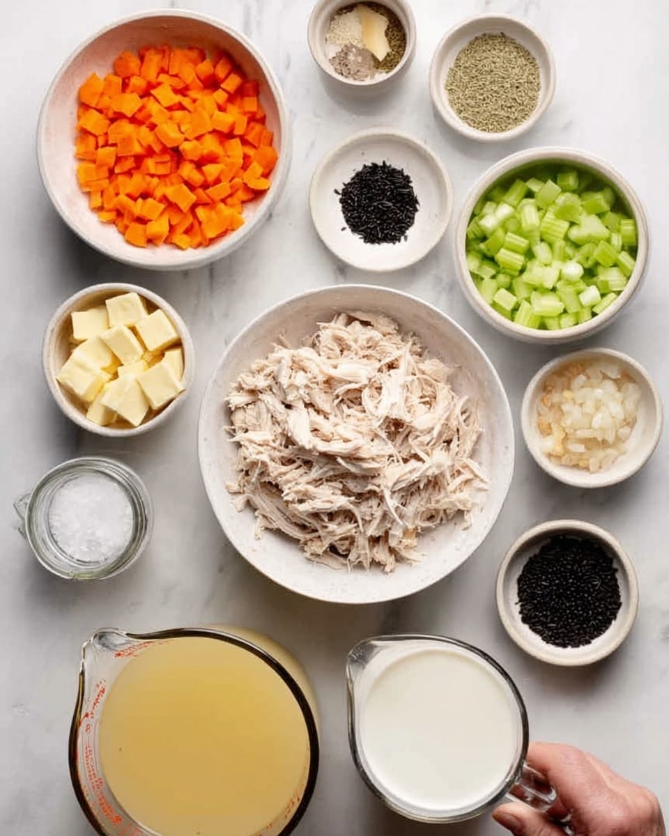 The image shows an overhead view of several small white bowls placed on a white marbled surface. In the center, there is a bowl filled with shredded cooked chicken, light beige in color. Surrounding it are bowls containing diced orange carrots, chopped light green celery, and chopped white onions. Additional smaller bowls hold cubed pale yellow butter, black rice, white flour, minced garlic and ginger, and two whole black peppercorns. There is also a small jar with white granulated salt. At the bottom, a clear container holds light yellow chicken broth, and next to it is a measuring cup filled with white milk. A woman's hand is visible gently touching the rim of one of the bowls. photo taken with an iphone --ar 4:5 --v 7