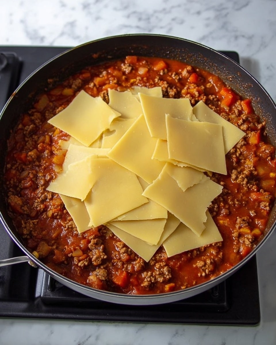 A black pan sits on a stove filled with a thick, chunky red sauce with visible bits of ground meat and chunks of tomatoes and vegetables. On top of the sauce, there is a single layer of dry, square pasta sheets spread unevenly, some partially submerged in the sauce while others rest on top. The pasta is light yellow and smooth in texture. The background is a white marbled surface. Photo taken with an iphone --ar 4:5 --v 7