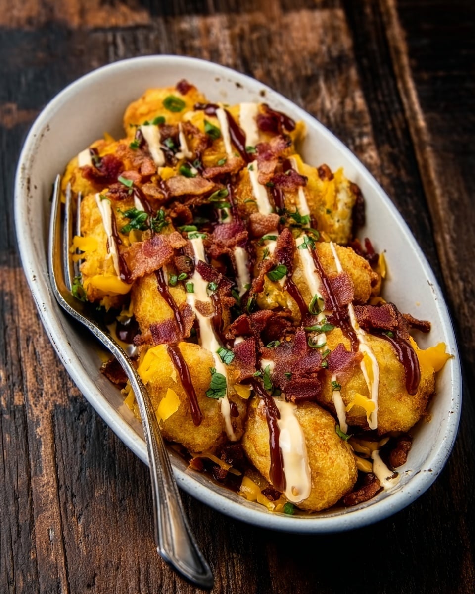 A white oval bowl filled with three layers of golden brown fried items, topped with melted yellow cheese and crispy bacon pieces. On top, there are drizzles of light beige creamy sauce and dark brown barbecue sauce, sprinkled with small green herbs. A silver fork is on the left side of the bowl, on a dark wooden surface. Photo taken with an iphone --ar 4:5 --v 7