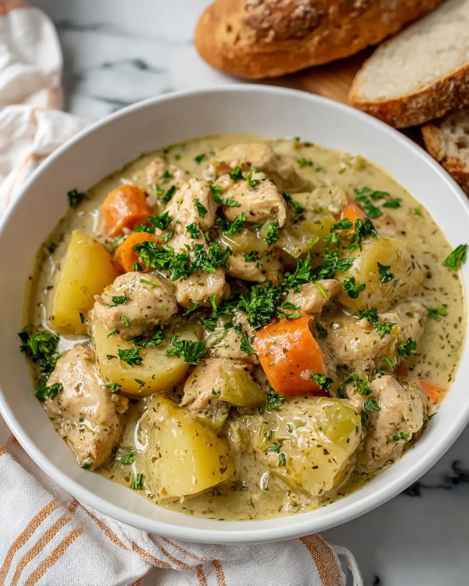 A white bowl filled with creamy stew made of light brown chicken pieces, soft yellow potato chunks, bright orange carrot slices, and small bits of celery in a thick pale sauce with green herb specks, all garnished with fresh chopped green parsley on top. Two pieces of crusty light brown bread rest behind the bowl on a white marbled surface, with a white and beige striped cloth nearby. The image shows a close view from above, capturing the textures of the stew and ingredients clearly. photo taken with an iphone --ar 4:5 --v 7