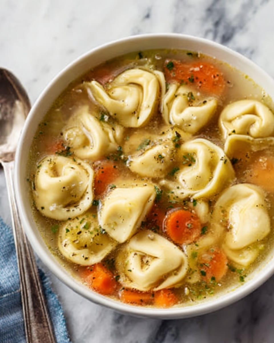 The image shows a white bowl filled with a clear broth soup containing multiple tortellini pieces floating evenly throughout. The tortellini are pale yellow with smooth, soft textures, each one rounded and slightly folded. Bright orange carrot slices and small bits of green herbs are scattered inside the broth, adding color contrast. The soup looks warm and inviting with a glossy surface reflecting light. The bowl is placed on a white marbled surface, and a silver spoon lies nearby. Photo taken with an iphone --ar 4:5 --v 7