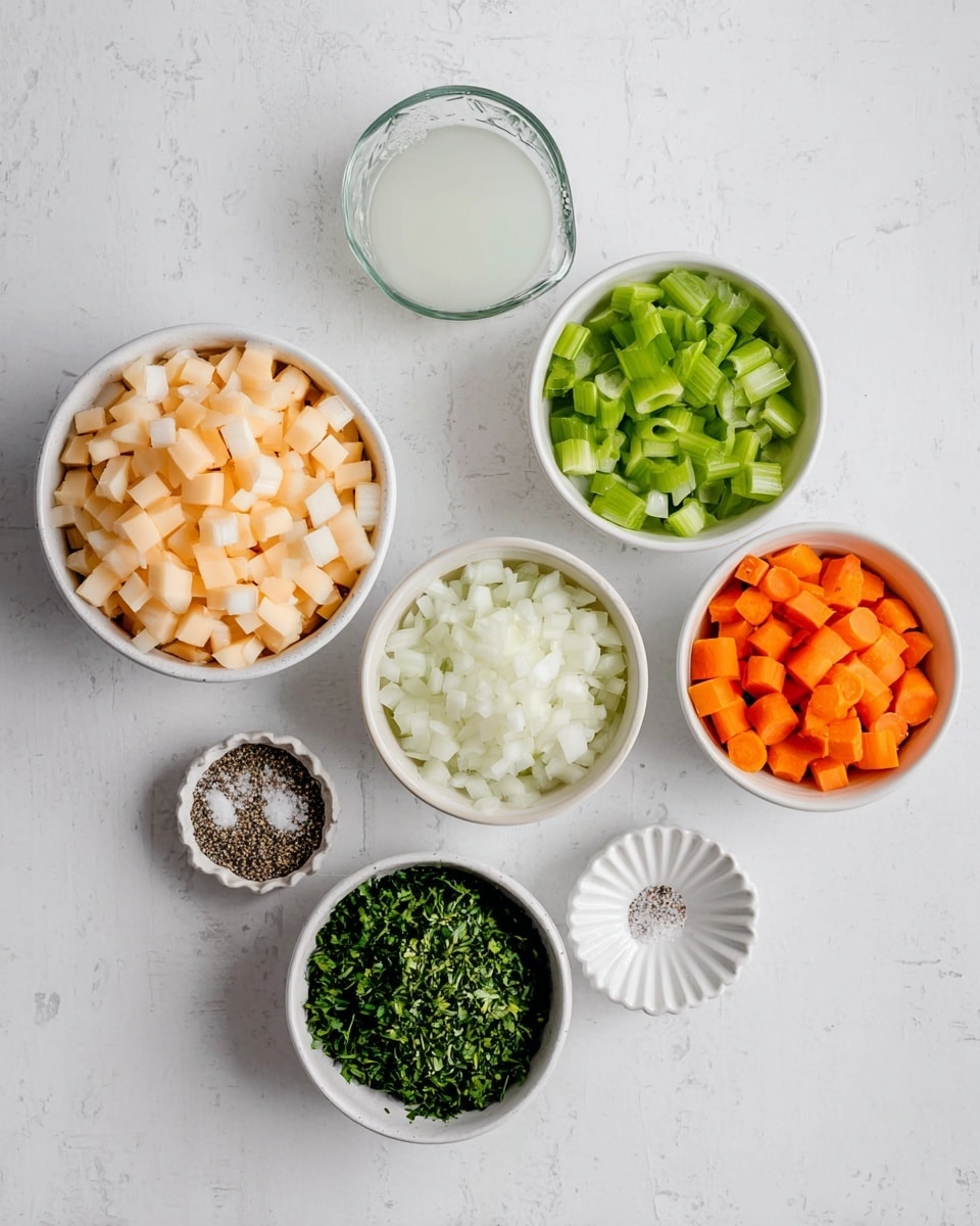 A top view of six small white bowls on a white marbled surface, each containing different chopped ingredients. The largest bowl at the bottom left holds pale orange chopped pieces. To its right, a medium bowl holds finely chopped white onions. Above this, a small white bowl is filled with bright green chopped celery. To the left of the celery, a white bowl has dark green chopped leafy herbs. Above the herbs, a white bowl contains bright orange chopped carrots. To the right of the carrots, a small fluted white dish holds a mix of coarse white salt and black pepper. On the top left is a small clear glass bowl filled with white liquid. The arrangement is neat and evenly spaced. photo taken with an iphone --ar 4:5 --v 7