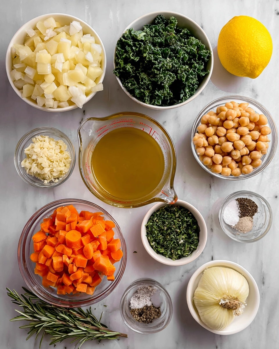 The image shows a top view of several clear and white bowls and a glass measuring cup on a white marbled surface. There are large white bowls with diced onions, diced potatoes, chopped kale, and diced carrots. A large clear bowl holds whole chickpeas. Smaller white bowls contain minced garlic, chopped green herbs, grated parmesan cheese, and a mix of salt and black pepper. Next to these is a clear glass cup filled with olive oil and a glass measuring cup with a golden broth. A whole yellow lemon sits near the measuring cup. A few sprigs of fresh rosemary lie between the small bowls. The items are spread out neatly to show all the raw ingredients clearly. photo taken with an iphone --ar 4:5 --v 7