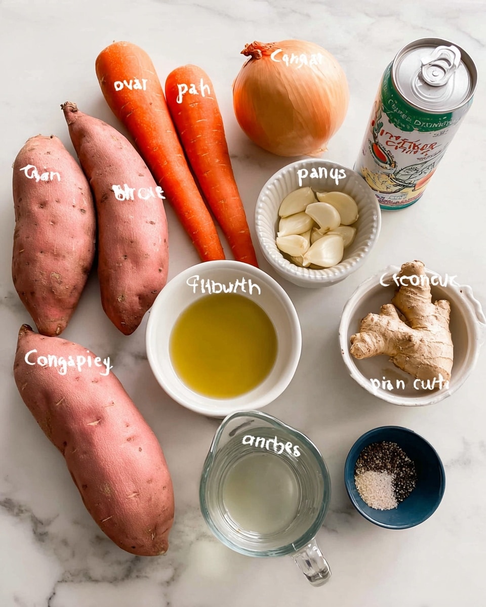 The image shows ingredients arranged on a white marbled surface. There are three large sweet potatoes with smooth, pinkish skin placed in a row at the bottom left. Above them are two bright orange carrots lying side by side. To the right are a medium-sized round onion with a shiny pale brown skin, a small white ribbed bowl holding a piece of knobby ginger, and a white cup filled with several peeled garlic cloves. Next to these is a white bowl with a golden yellow liquid labeled olive oil and a small dark blue bowl containing a mix of white salt and black pepper. To the far right, a can of green-labeled coconut milk stands upright beside a clear measuring cup filled with water. The whole setup is well lit with soft natural lighting. Photo taken with an iphone --ar 4:5 --v 7