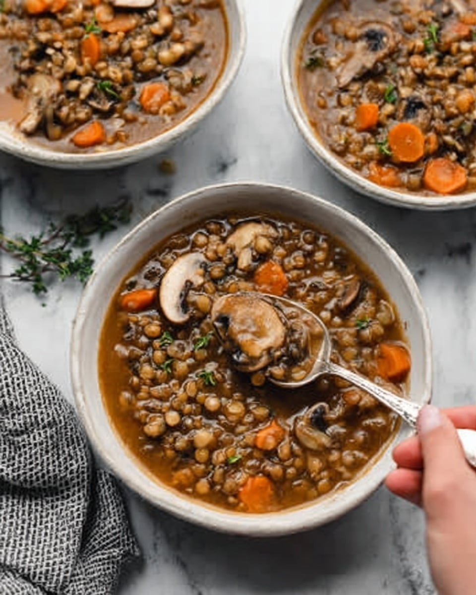 The image shows nine small white bowls and a bunch of fresh parsley arranged on a white marbled surface. The bowls hold different ingredients: the top left has whole brown mushrooms with a light tan color, the middle top bowl contains chopped light green celery, the top right holds a whole yellow onion and a white garlic bulb beside it. The middle left bowl is filled with small diced bright orange carrots, while the middle right contains off-white barley grains. At the bottom left, the bunch of fresh dark green parsley is next to a small bowl of mixed dried herbs with a tiny wooden spoon resting inside it, and a bowl filled with light amber-colored broth or liquid is at the bottom right. The colors contrast nicely with the clean white bowls and the white marbled surface beneath them. photo taken with an iphone --ar 4:5 --v 7
