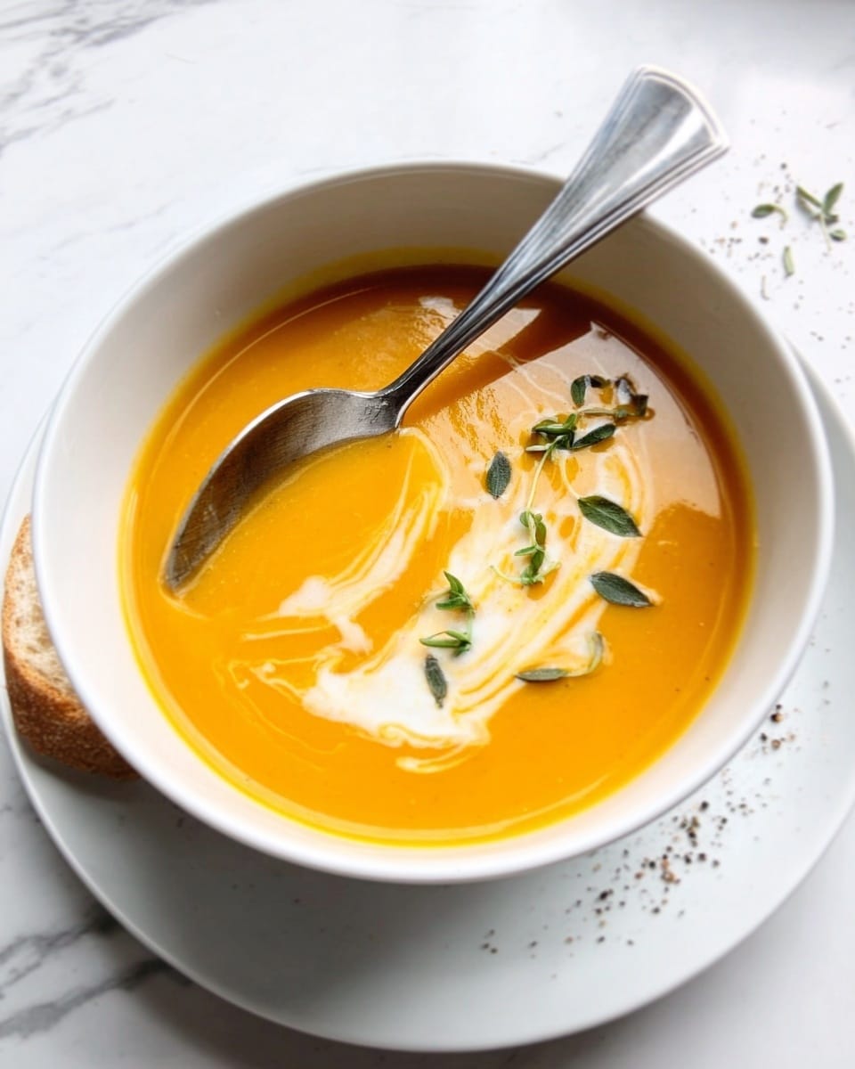 The image shows a white marbled surface with several small white bowls arranged neatly. There are nine bowls in total, each containing different ingredients: bright orange pumpkin chunks in one bowl, light green celery pieces in another, small diced orange carrots, finely chopped white onions, peeled and chopped pale yellow apples, and a bowl with light brown chicken broth. Another bowl holds a creamy white half and half liquid. There are also small white bowls with chopped coriander leaves, black pepper, and minced garlic. On the side, a small white bowl contains yellow oil. Each ingredient is clearly separated, showing a clean and organized arrangement. Photo taken with an iphone --ar 4:5 --v 7