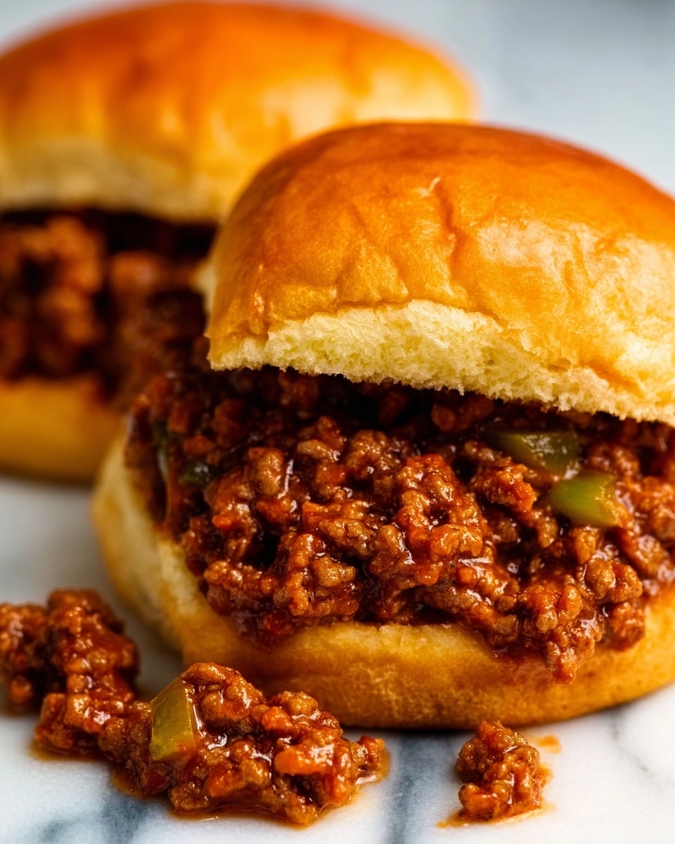 The image shows two sloppy joe sandwiches placed on a white marbled surface. Each sandwich has a soft, shiny golden brown bun with a slightly textured top. Inside, there is a thick layer of saucy ground meat filling that is rich brown with bits of green peppers and onions, giving a slightly chunky texture. Some meat filling is spilling out and resting near the sandwiches, adding a messy and rustic feel. The close-up view highlights the moist, juicy texture of the meat and the softness of the buns. Photo taken with an iphone --ar 4:5 --v 7
