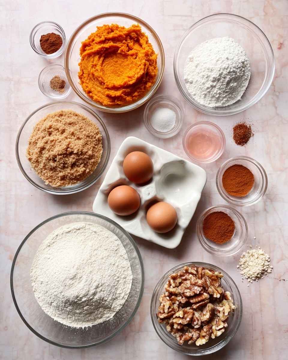 A top-down view shows several clear and white bowls and a white ceramic egg tray arranged on a white marbled surface. There is a small clear bowl filled with a bright orange mashed substance positioned near the top center. To its right, a small clear bowl holds a white powdery ingredient. Below these, a white egg tray holds three brown eggs in the center. A small pinkish liquid in a clear bowl is to the right of the eggs. To the left, a glass bowl contains a beige-brown crumbly ingredient. At the bottom, a large glass bowl is filled with white flour. To the right of the flour, a white bowl contains chopped nuts. Scattered smaller bowls hold fine white and brown powders and spices, all arranged neatly with soft natural lighting. Photo taken with an iphone --ar 4:5 --v 7
