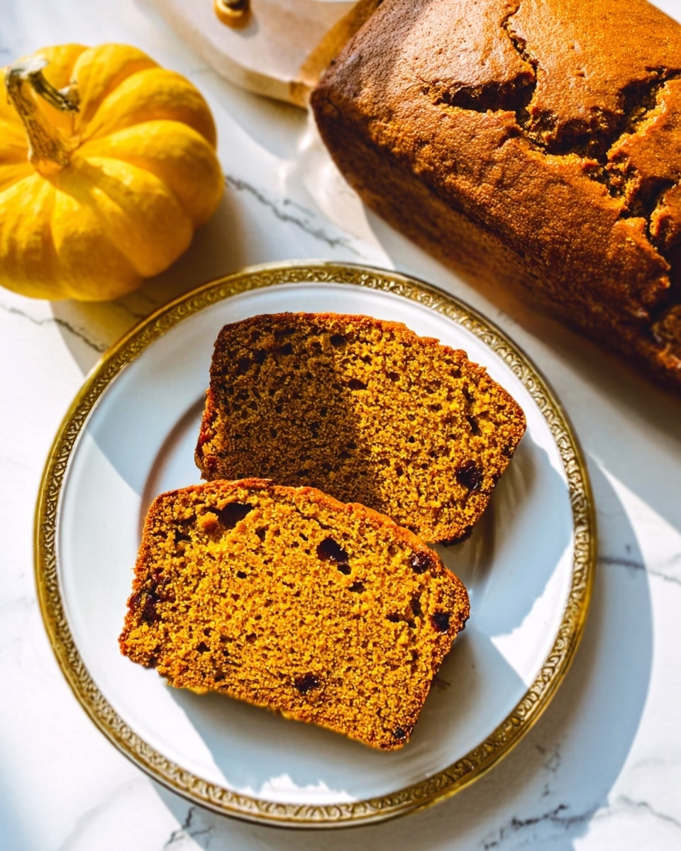 The image shows two slices of brown pumpkin bread with small dark spots inside on a white plate with a gold rim. The plate is set on a white marbled surface. Next to the plate, there is a small yellow pumpkin and a whole loaf of pumpkin bread with a cracked surface, showing a golden-brown color. The lighting is natural and soft, creating warm shadows. Photo taken with an iphone --ar 4:5 --v 7