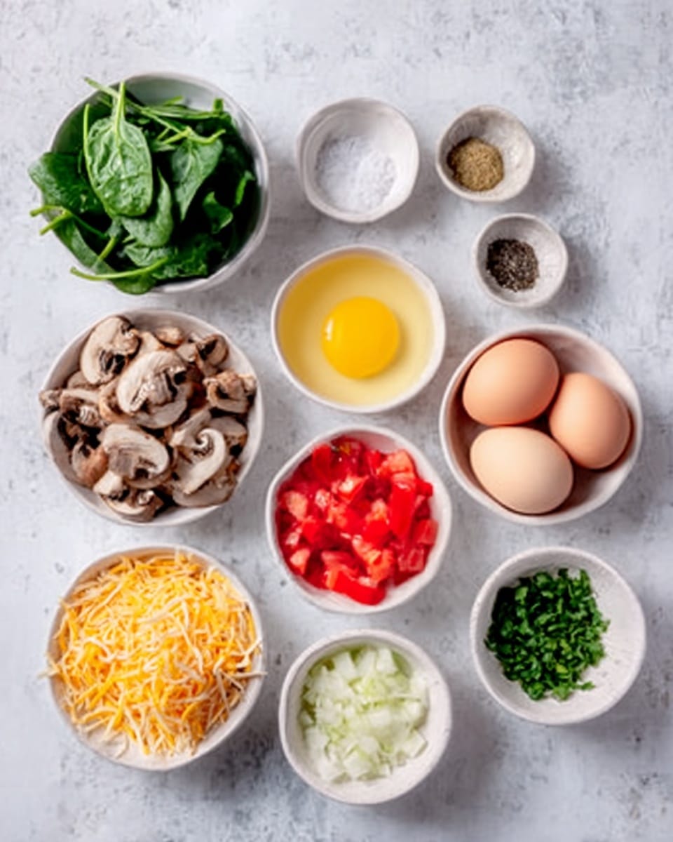 The image shows nine white bowls arranged on a white marbled surface, each containing different ingredients. Starting from the top left, there is a small bowl filled with fresh green spinach leaves, next to it a tiny bowl with salt, then another tiny bowl with black pepper, and a bowl filled with melted yellow butter. Below those, from left to right, there is a bowl with sliced brown mushrooms, a bowl with small diced red tomatoes, and a bowl with three whole eggs. On the bottom row, there is a bowl with shredded orange cheese on the left, finely chopped white onions in the middle, and chopped green herbs on the right. The scene has a clear and bright look. Photo taken with an iphone --ar 4:5 --v 7