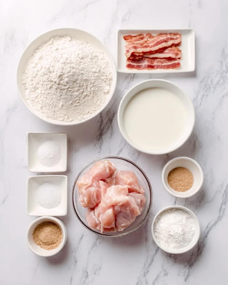 The image shows a white marbled surface with several white bowls and small white dishes neatly arranged. There is a large white bowl filled with flour on the left, a slightly smaller white bowl filled with milk on the right, and a round clear bowl containing raw pink chicken pieces near the bottom center. At the top left, a small white dish holds cut bacon strips, next to it is a small white bowl of granulated sugar, followed by a tiny white dish with salt. There is also a small, white bowl containing a light brown powder, and another small white dish filled with white powder. Everything is placed neatly and clearly on the white marbled background. photo taken with an iphone --ar 4:5 --v 7