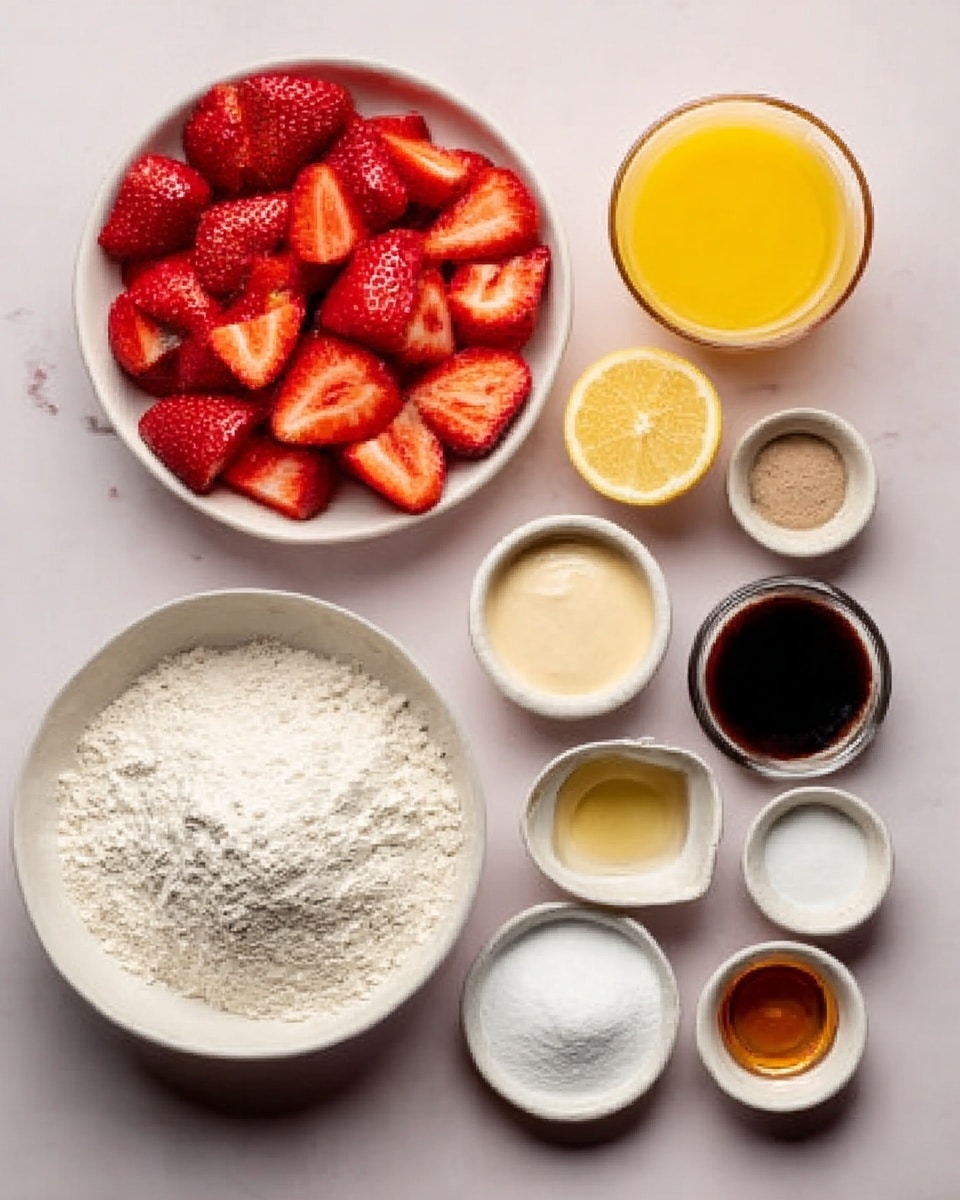The image shows various ingredients neatly arranged on a white marbled surface. There is a large white bowl filled with sliced red strawberries at the top left. To the right of the strawberries, there is a small clear glass filled with bright orange juice and a small wedge of lemon next to it. Below the strawberries, there is a big white bowl full of white flour. Around the flour bowl, several small white bowls and glass containers hold different ingredients including beige cream, vanilla extract, brown sugar, white granulated sugar, and a small amount of black vanilla extract. The colors range from bright red, orange, cream, dark brown, and white, all clearly visible with smooth and powdery textures. Photo taken with an iphone --ar 4:5 --v 7