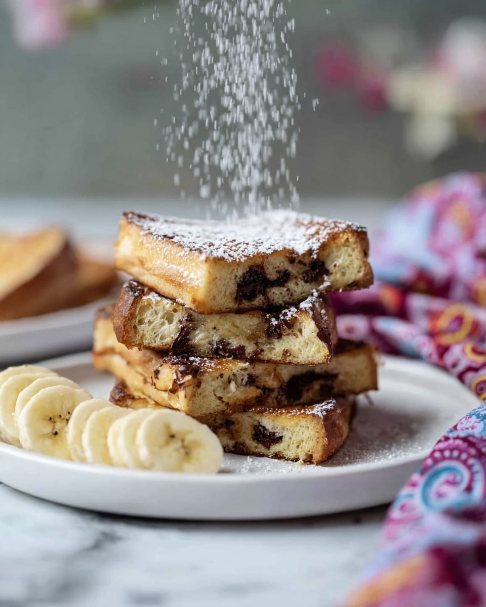 A white plate sits on a white marbled surface holding four stacked toasted sandwich pieces with a golden brown crust and a soft interior dotted with melted dark chocolate chunks. Powdered sugar is being sprinkled over the top, adding a light dusting of white on the top sandwich. Next to the stack, several light yellow banana slices lay on the plate, and a colorful cloth with red, purple, and blue patterns is softly folded to the side. The background is softly blurred with muted tones, emphasizing the warm toasted sandwiches. Photo taken with an iphone --ar 4:5 --v 7
