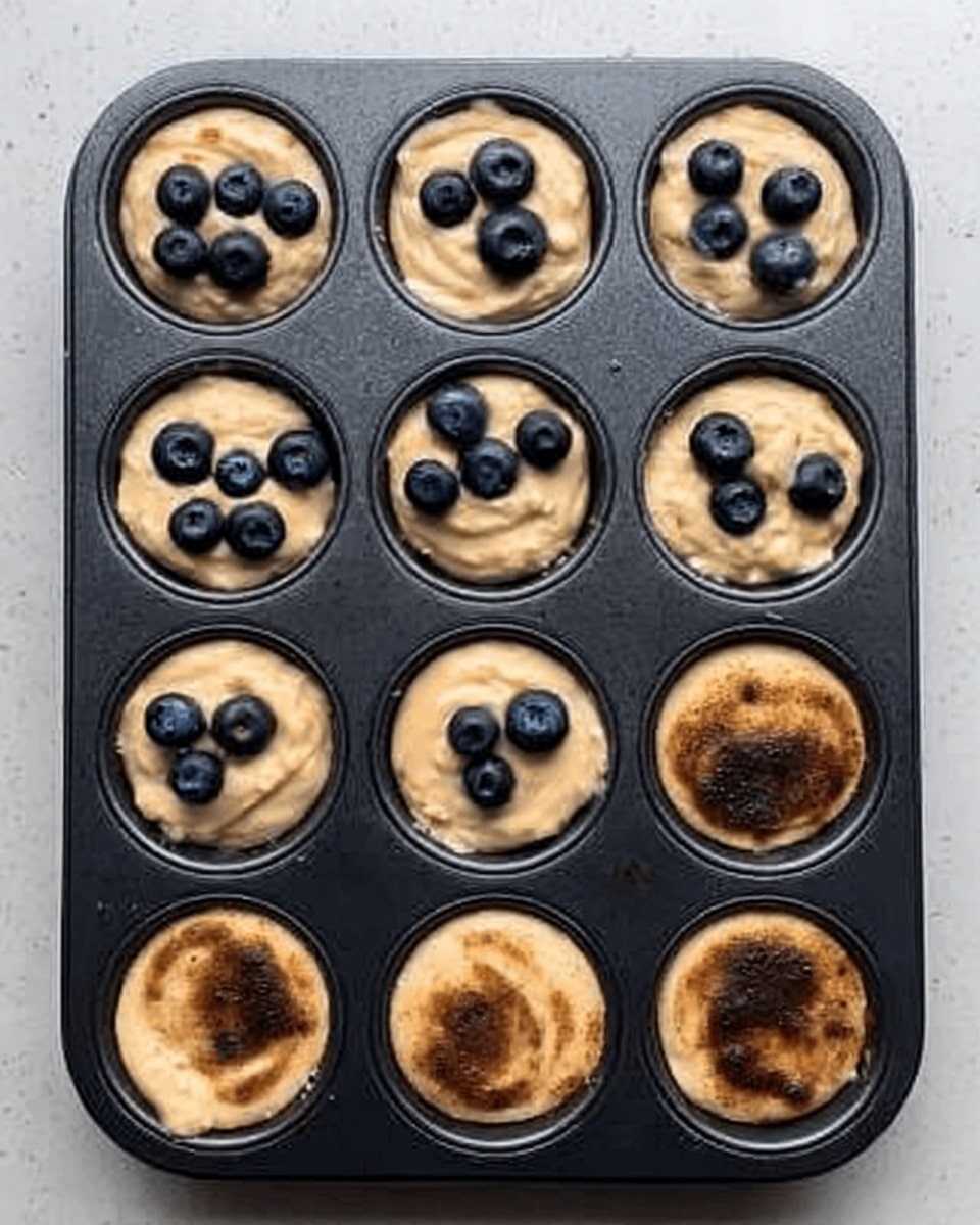 A black muffin tray with twelve compartments, each filled with cupcake batter. Some compartments have blueberries scattered on top, dark blue and round with a smooth texture, sitting on pale beige batter that looks soft and smooth. Other compartments have a swirl of light brown cinnamon mixed into the beige batter, showing a marbled effect. The tray rests on a white marbled surface. photo taken with an iphone --ar 4:5 --v 7