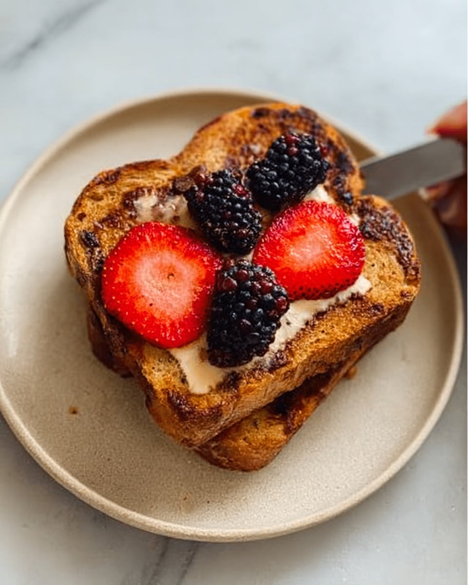 The image shows two thick slices of toasted bread stacked on a white plate with a white marbled surface underneath. On the top slice, there are bright red strawberries and dark blackberries placed in the center. Above the berries, a light dollop of cream or butter adds a creamy texture. A woman's hand is holding a knife with a slice of strawberry on it, positioned at the top right corner. The toast has a golden-brown color with slightly darker edges, giving it a crispy look. Photo taken with an iphone --ar 4:5 --v 7