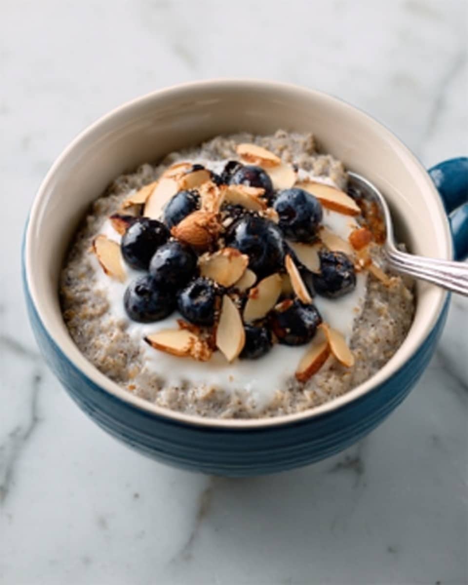 A white bowl filled with a grayish oatmeal base, topped with a layer of white creamy yogurt. On top of the yogurt, there is a mix of dark blue blueberries and thinly sliced light brown almond pieces scattered evenly. The bowl sits on a white marbled surface. photo taken with an iphone --ar 4:5 --v 7