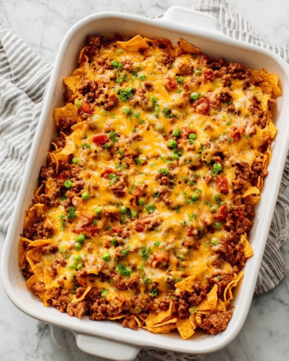 The image shows a white rectangular baking dish filled with a layered casserole. The bottom layer consists of broken, light orange-colored tortilla chips, topped with a thick layer of cooked ground beef mixed with small bits of tomato and green peas scattered on top. The entire casserole is covered with melted yellow cheese that has a slightly browned, bubbly texture. The dish is placed on a white marbled surface with a striped cloth nearby. Photo taken with an iphone --ar 4:5 --v 7