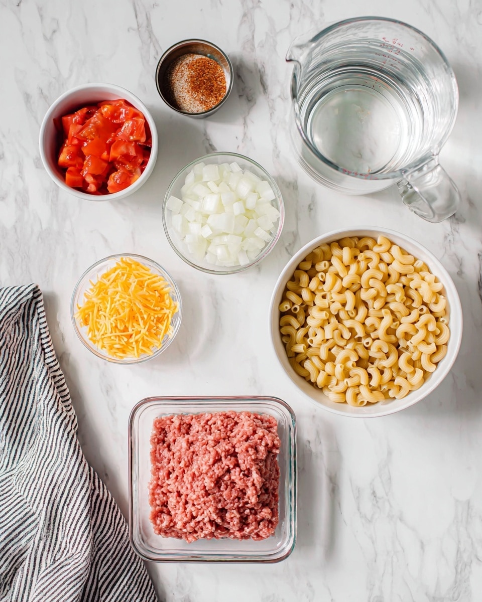 A white marbled surface displays various ingredients arranged neatly: in the center, a clear glass bowl holds chopped white onions; below it, a square glass dish contains raw ground meat, pink and finely textured; to the right, a white bowl filled with dry, small elbow macaroni, pale yellow in color; above that, a small white bowl with shredded orange cheddar cheese; to the left of the onions, a small white bowl with reddish-brown seasoning mix; next to it, an open can of diced tomatoes with visible chunks and bright red color; above the tomatoes, a clear measuring cup filled with water; a black and white striped cloth rests on the left side of the image; the items are spread out on the white marbled surface; photo taken with an iphone --ar 4:5 --v 7