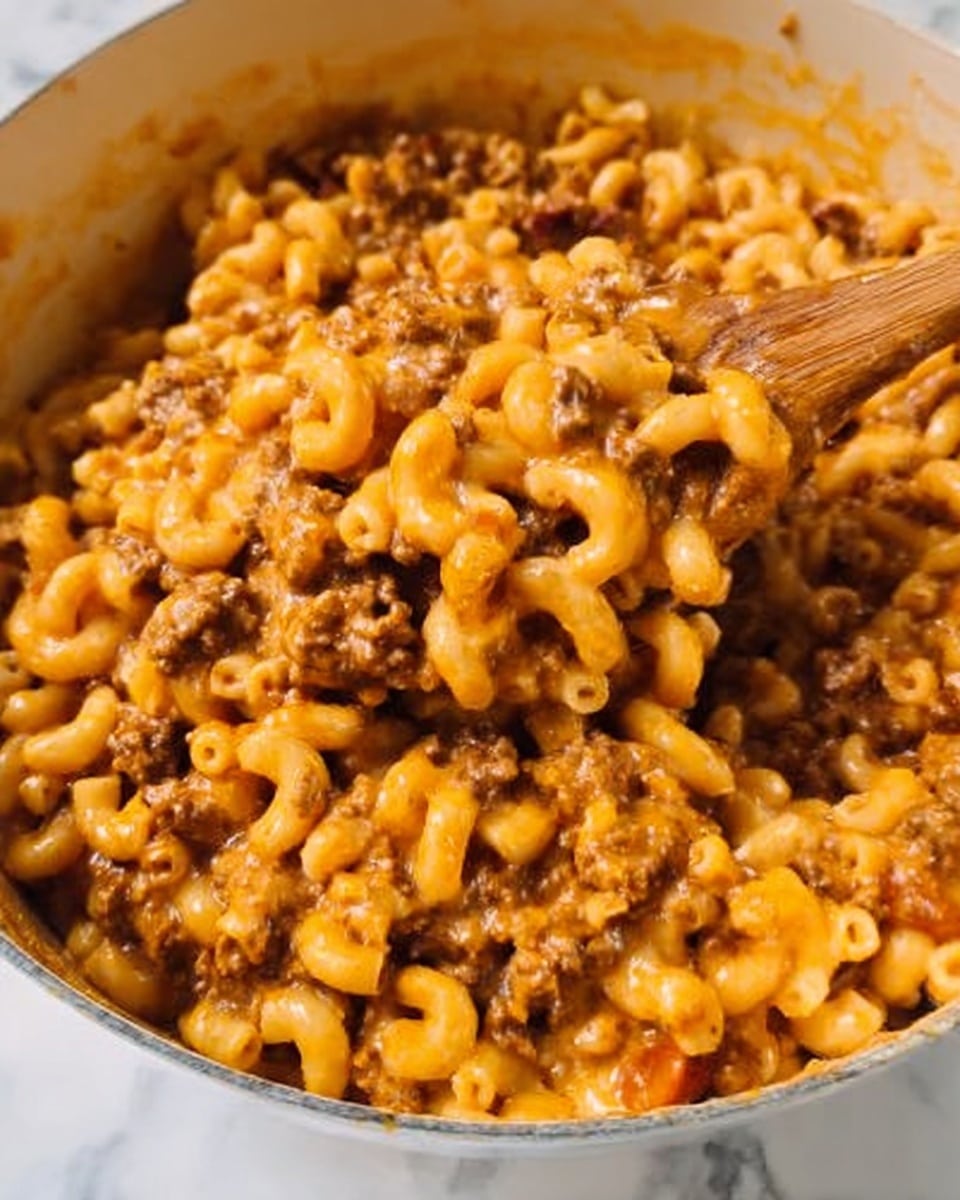 The image shows a close-up of a large white bowl filled with macaroni and cheese mixed with ground meat. The macaroni pasta is light orange from the cheese sauce, with a creamy and slightly thick texture. Small pieces of cooked ground meat are spread evenly throughout the dish, giving it a brown color contrast among the pasta. A wooden spoon lifts some of the mixture, showing the rich and cheesy sauce coating the pasta and meat. The background features a white marbled surface. photo taken with an iphone --ar 4:5 --v 7