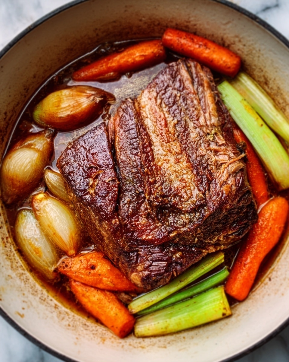 A large piece of dark brown roasted meat with crispy edges lies in the center of a white round dish, surrounded by several layers of cooked vegetables. The first layer around the meat contains long pieces of pale green celery, next to thick slices of orange carrot and light brown onion segments. All items have a slightly glossy texture showing they have been cooked in juices. The dish sits on a white marbled surface, adding brightness to the image. Photo taken with an iphone --ar 4:5 --v 7