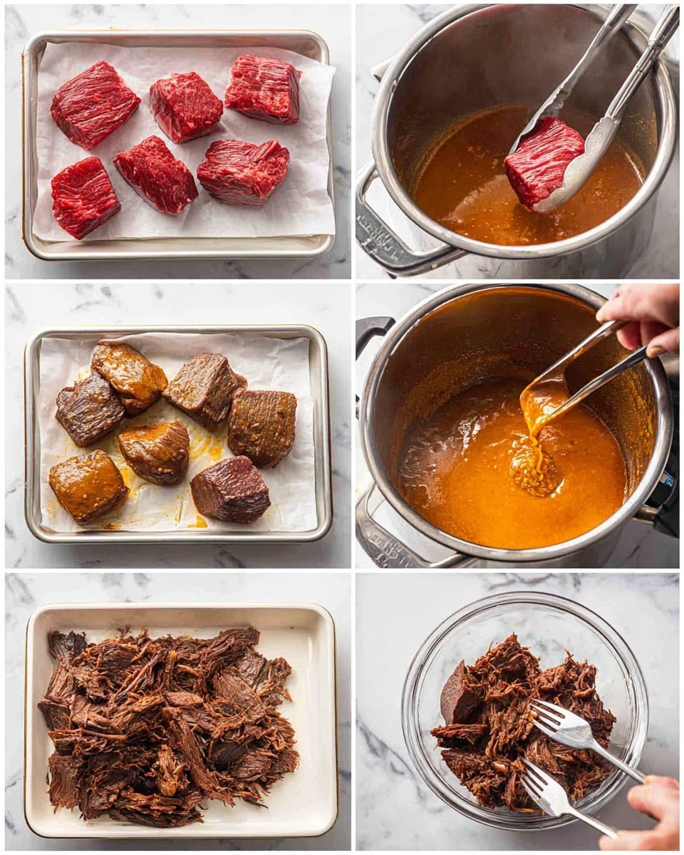 The image shows six steps of making cooked beef. The first layer has raw beef pieces that are deep red and placed on a white tray with parchment paper. The second layer shows two beef pieces, one held by tongs, turning brown with a seared texture inside a pot. The third layer shows browned beef pieces on a white tray, with a golden brown crust and a tongs lifting one piece. The fourth layer shows the browned beef covered with a thick orange sauce inside the pot, with the sauce being poured from a clear bowl. The fifth layer shows the beef pieces fully covered in orange sauce, soaking in liquid inside the pot. The sixth layer shows shredded beef on a white tray, a woman’s hand using two forks to pull apart the beef into thin layers, with a mix of dark brown cooked chunks and fibrous meat. The background has a white marbled texture. Photo taken with an iphone --ar 4:5 --v 7