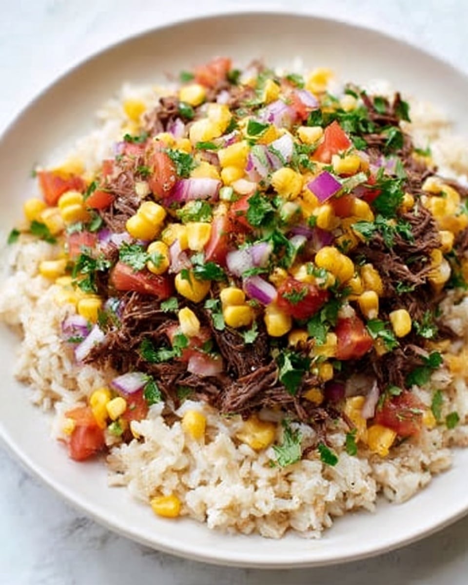 A white plate on a white marbled surface holds a dish with three visible layers. The bottom layer is light brown cooked rice with a slightly fluffy texture. On top of the rice is a layer of shredded dark brown meat scattered evenly. The uppermost layer is a colorful mix of yellow corn, small red tomato pieces, finely chopped purple onion, and fresh green herbs spread over the meat. The image is brightly lit, showing the fresh, vibrant colors of the ingredients. Photo taken with an iphone --ar 4:5 --v 7