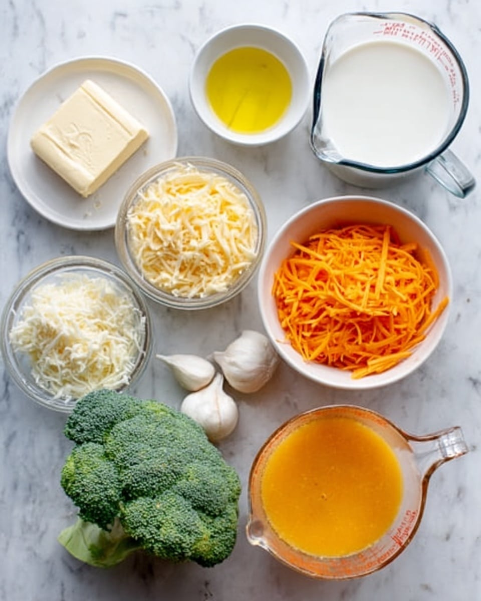 The image shows several small white bowls and clear measuring cups on a white marbled surface. There is a block of butter in one bowl, a small cup of yellow oil, and a larger clear measuring cup filled with milk. A white bowl holds shredded orange carrots, and another holds shredded yellow cheese. There is also a small bowl with a few garlic cloves, a whole onion, a fresh green broccoli head, and a clear measuring cup filled with an orange liquid, likely broth. photo taken with an iphone --ar 4:5 --v 7