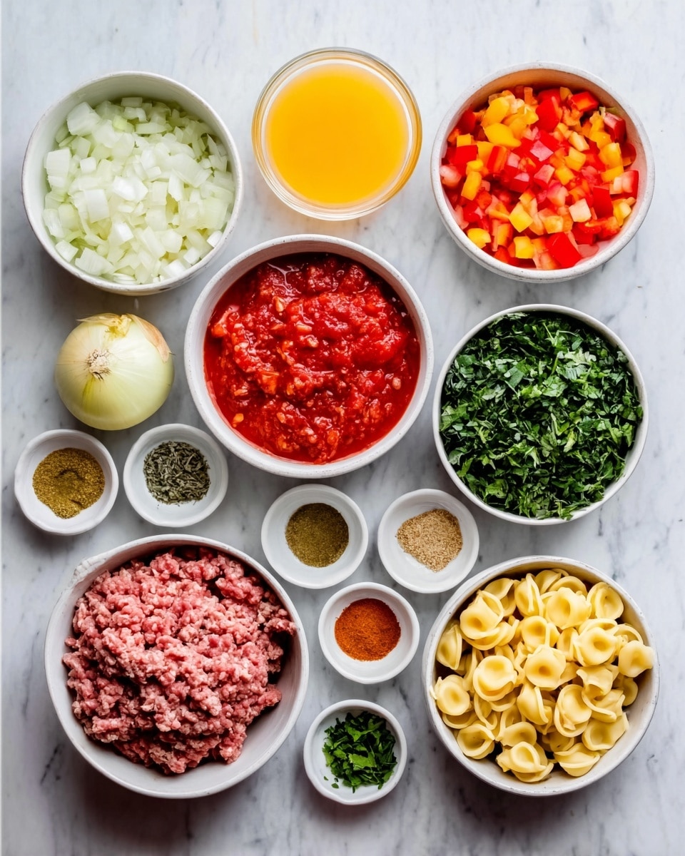 The image shows various cooking ingredients arranged neatly on a white marbled surface. There is a bowl of raw ground meat with a slightly pink color, a bowl of crushed red tomatoes with a rich red tone, and a bowl of fresh green herbs. Other items include finely chopped white onions, small diced red and orange bell peppers, a bowl of yellow-orange liquid, likely juice or broth, and small bowls holding seasonings and spices in earthy tones. There is also a bowl with light yellow tortellini pasta. Each ingredient is placed in a white bowl or small dish. photo taken with an iphone --ar 4:5 --v 7