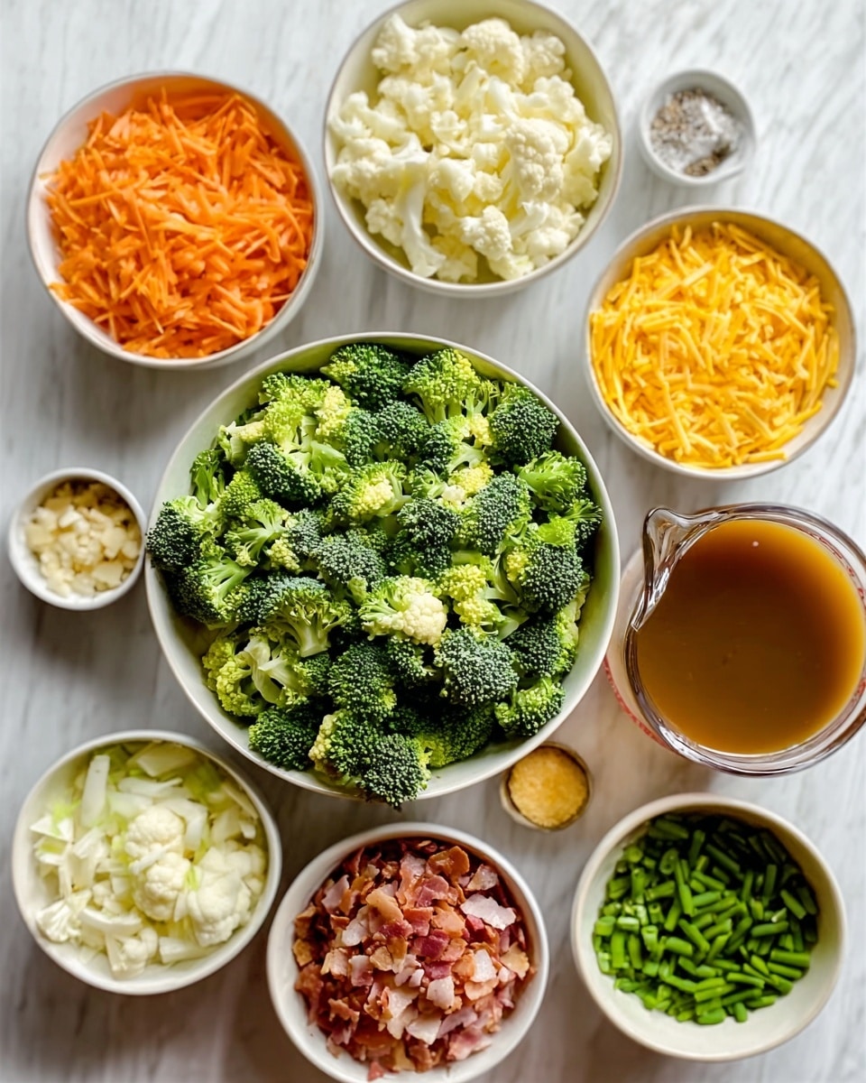 The image shows several white bowls arranged on a white marbled surface, each filled with different chopped vegetables and ingredients. There is one large bowl in the center filled with bright green broccoli florets. Surrounding this are smaller bowls containing orange shredded carrots, white cauliflower pieces, diced onions, chopped bacon bits, shredded yellow cheese, chopped green beans, and a small bowl with salt. To the side, there is a measuring cup filled with brown broth. The bowls vary in size and all are plain white, making the colors of the food stand out. The light is soft and bright, emphasizing the freshness and texture of the ingredients. Photo taken with an iphone --ar 4:5 --v 7