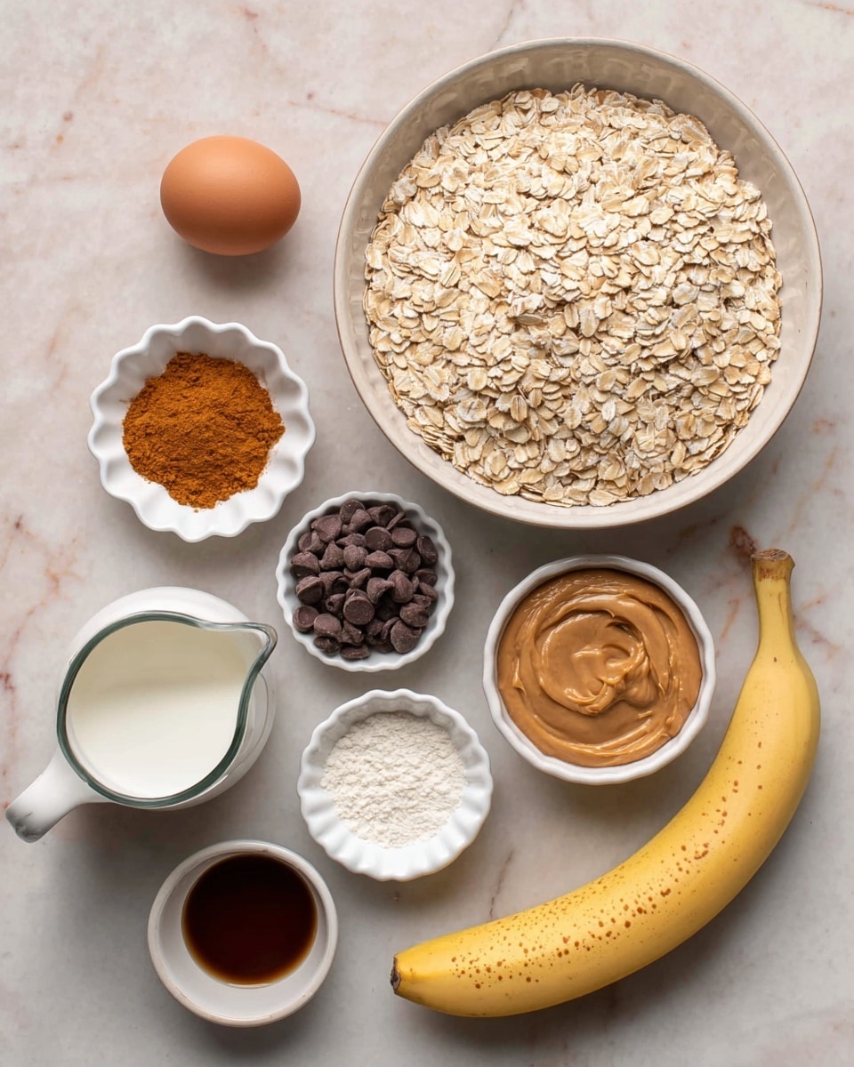 The image shows several ingredients arranged neatly on a white marbled surface. At the center, there is a large bowl filled with light beige rolled oats. Above the oats, there is a white bowl full of small, dark brown chocolate chips. To the right of the oats, a white bowl contains smooth, light brown peanut butter, and below that is a small white bowl with white powder. To the left of the oats, a white scalloped dish holds a small amount of orange cinnamon powder, and at the top left corner, a single brown egg is placed directly on the surface. At the bottom left, there is a white pitcher filled with light cream-colored milk and next to it a small bowl of dark amber syrup. Near the bottom right, a ripe yellow banana lays with a few brown spots on its peel. Finally, a small round bowl at the bottom contains dark brown vanilla extract. Photo taken with an iphone --ar 4:5 --v 7