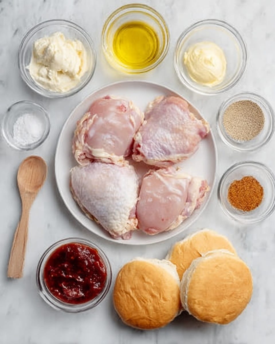 The image shows a white plate in the center with four raw chicken thighs, each pink with smooth skin and slight fat, arranged close together. Surrounding the plate are small clear bowls and containers placed on a white marbled surface; the small bowls hold colorful ingredients including a deep red sauce with a thick texture, a creamy white sauce, and bright yellow mustard. There is also a light olive oil in a small glass container, a pale lemon juice liquid, a brownish powder spice resting on a wooden spoon, and a couple of golden, round sandwich buns with a soft, textured top placed nearby. The woman's hand is not visible but the scene is well-organized and clean, lit evenly to show the natural colors of the ingredients. Photo taken with an iphone --ar 4:5 --v 7