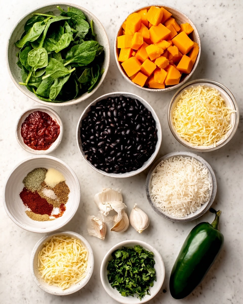 The image shows several white bowls arranged on a white marbled surface. There are fresh green spinach leaves in one bowl, bright orange diced butternut squash in another, and whole black beans in a third bowl. Nearby, a bowl contains ground spices with colors like brown and red. White rice fills a medium bowl, and a smaller bowl holds chopped fresh green herbs. There is also a bowl with finely shredded white cheese, a bowl with peeled garlic cloves, and another with a whole dark green jalapeño pepper. The bowls are neatly spaced, highlighting the different colors and textures of the ingredients. Photo taken with an iphone --ar 4:5 --v 7