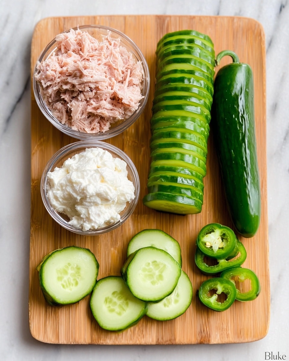 The image shows a wooden board with several fresh ingredients arranged neatly. On the top left, there is a small clear glass bowl filled with light pink shredded tuna. Below it, there is another small clear glass bowl with thick white cream cheese. To the right of these bowls, a long cucumber is sliced into many thin, round green pieces that are still stacked in the shape of the cucumber. Below the cucumber slices, there is a smaller cucumber cut into two parts. To the right of the cucumbers, there are two green jalapeño peppers, one whole and one sliced into thin rings. The background is a white marbled surface. photo taken with an iphone --ar 4:5 --v 7
