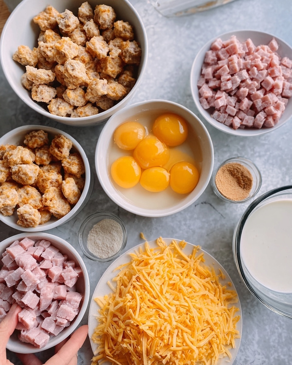 The image shows six white bowls set on a white marbled surface. One bowl contains light brown cubed cooked sausage pieces, another has five raw yellow egg yolks in cracked eggs, and a third white bowl holds small pink diced ham cubes. There is a white plate with shredded orange cheese piled up, and beside it, a small bowl filled with white milk. Another small bowl contains a light brown powder, possibly seasoning or spice. A woman's hand is visible holding one of the white bowls. Photo taken with an iphone --ar 4:5 --v 7