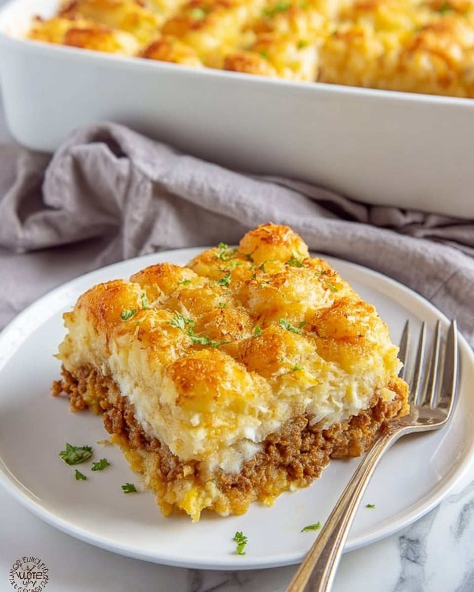 A square piece of baked casserole is placed in the center of a white plate on a white marbled surface. The casserole has three visible layers: the bottom layer is a browned, crumbly base with a meat-like texture, the middle layer is a softer, light yellow mixture, and the top layer consists of golden, fluffy, baked mashed potatoes lightly browned on top with small pieces separated by grooves. There are small green herb sprinkles on the top for garnish. A silver fork is set on the right side of the plate, and the background shows the baking dish filled with more casserole on a soft grey cloth. Photo taken with an iphone --ar 4:5 --v 7