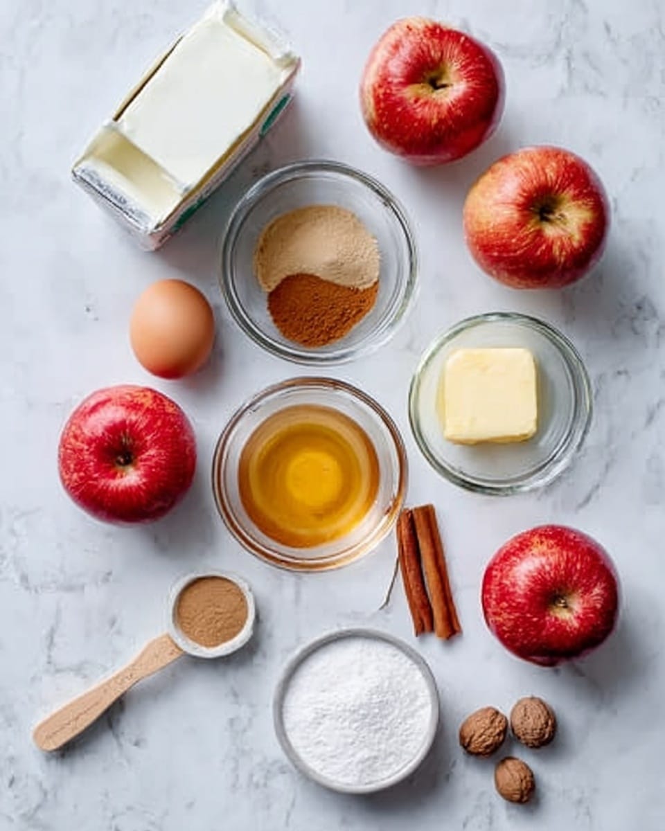 The image shows a white marbled surface with ingredients arranged neatly: three red apples at the corners, a carton of milk on the left, and two eggs close to the top. In small clear glass bowls in the center, there is brown sugar, honey, cinnamon, and melted butter with a wooden handle spoon nearby. A small white bowl of granulated sugar sits near the bottom, and a few whole nutmegs are scattered close to it. photo taken with an iphone --ar 4:5 --v 7
