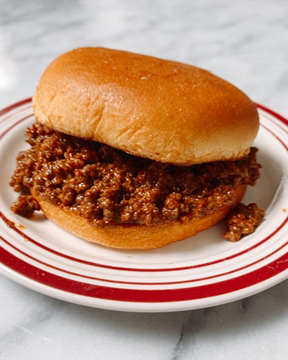 A sandwich with two soft brown buns holds a thick layer of cooked ground beef mixed with sauce, spilling out from between the buns onto a white plate with red stripes around the edge. The top bun is slightly lifted, showing the rich, dark brown meat filling inside. The plate sits on a white marbled surface. photo taken with an iphone --ar 4:5 --v 7