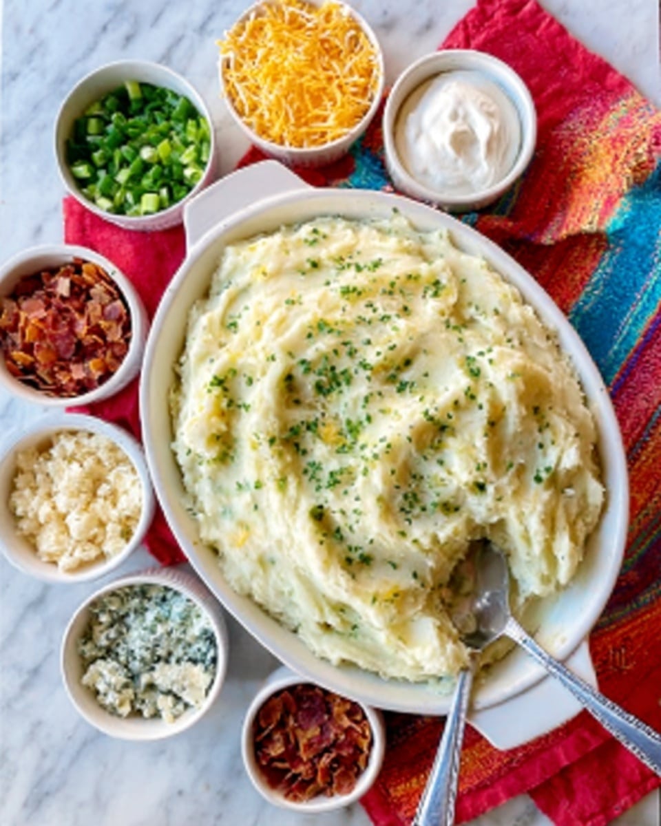 A large white oval dish filled with creamy mashed potatoes topped with a light sprinkle of green herbs, with a silver spoon resting inside the dish on the right side. Surrounding the dish are six small white bowls, each holding a different topping: shredded yellow cheese, light brown crispy bits, chopped green onions, crumbled blue cheese, white sour cream with a silver spoon, and reddish crispy bits. All items are placed on a white marbled surface with a colorful cloth underneath some bowls. Photo taken with an iphone --ar 4:5 --v 7
