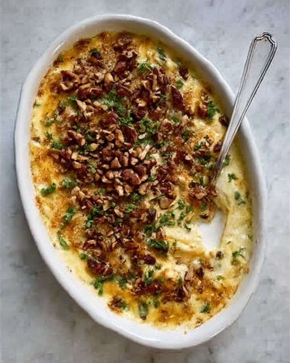 A white oval dish filled with a creamy yellow baked mixture topped with chopped nuts and green herbs scattered on top. There is a white spoon resting inside the dish, scooping some of the mixture. The dish sits on a white marbled surface. photo taken with an iphone --ar 4:5 --v 7