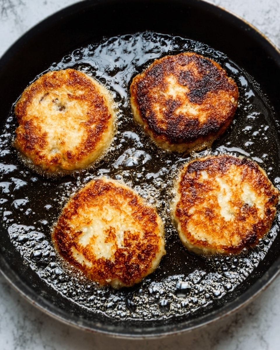 Four round, golden-brown patties with a crispy crust sit on a white paper towel, arranged irregularly. The patties have a rough, crunchy texture with darker toasted spots and a juicy inside visible on the edges. They rest on a wooden surface with some crumbs around. The scene suggests they are freshly cooked and draining excess oil. Photo taken with an iphone --ar 4:5 --v 7