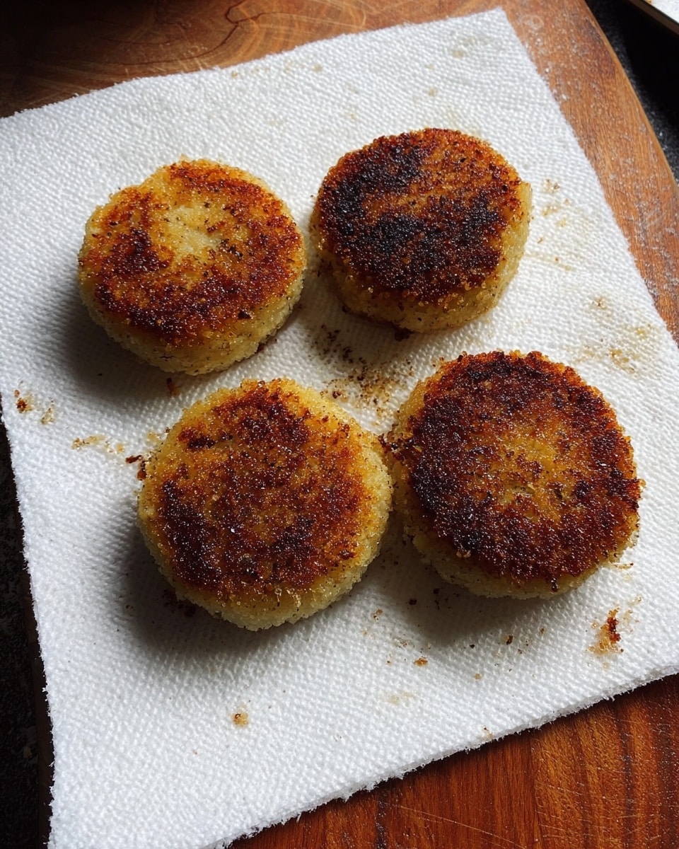 The image shows four round patties frying in a black pan filled with oil. Each patty has a golden brown color with some darker spots and a slightly rough texture on top. The edges of the patties are crispy and bubbling in the hot oil. The background is a white marbled texture. Photo taken with an iphone --ar 4:5 --v 7