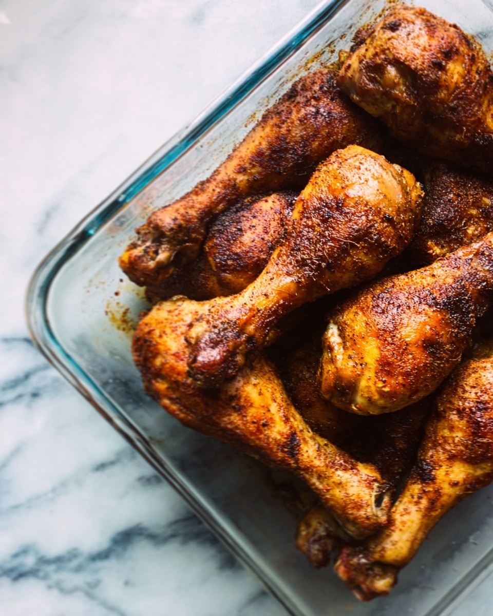 The image shows a clear rectangular glass baking dish filled with several dark golden-brown cooked chicken drumsticks, stacked loosely on top of each other. The drumsticks have a slightly crispy, well-seasoned skin with visible spices and a textured roasted look. The baking dish sits on a white marbled surface, creating a clean contrast with the rich color of the drumsticks. The lighting highlights the shiny, cooked texture, making the dish look warm and ready to eat. Photo taken with an iphone --ar 4:5 --v 7